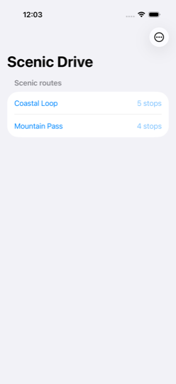 Scenic Drive iOS app &mdash; your scenic routes list, Coastal Loop and Mountain Pass
